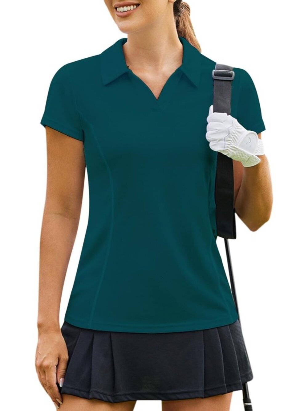 Women's Blue Green Golf Shirt Short Sleeve Quick Dry V-Neck Tennis Tops Fit